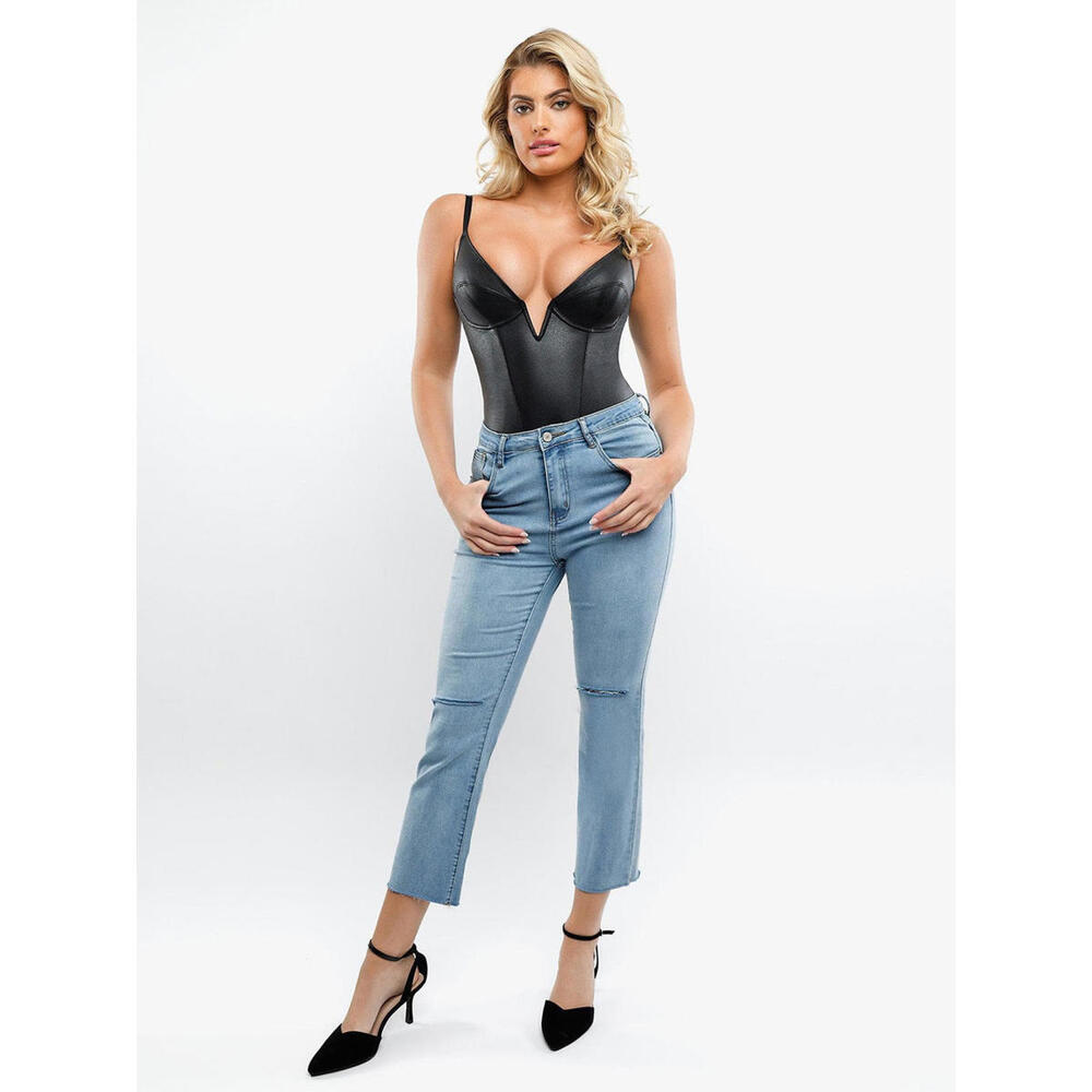 Popilush Shapewear Faux Leather Plunging V Sculpting Corest Bodysuit - NWT
